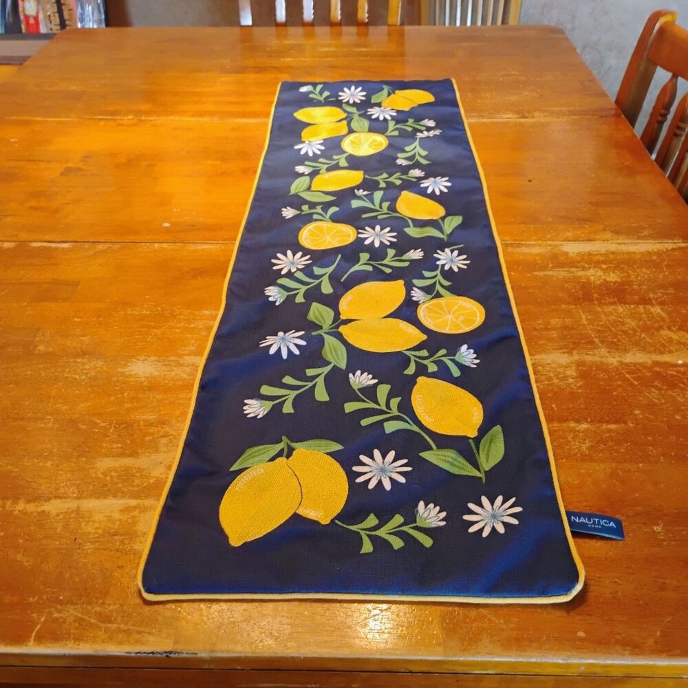 Embroidered Lemons & Daisies Table Runner Blue Background Nautica Home 48"x14" - Picture 2 of 9